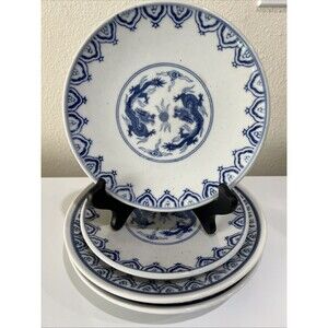 Pier 1 Imports Plates Chinese Blue Double Dragons Set of 4 (2 ~8.75" & 2 ~ 7.5")